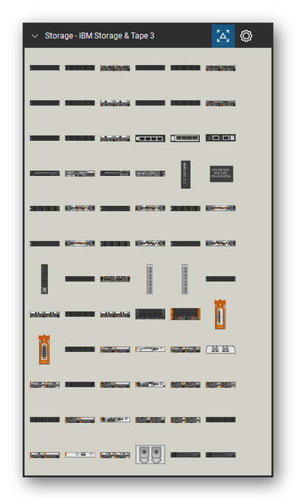 Storage & Backup tool set for Bluebeam Revu, IBM Storage & Tape 3 set (tools 1-72 of 219) - 72 views of 59 devices, front and rear: V3500 SFF, V3500 LFF, V3500, V3700 SFF, V3700 LFF, V3700, V3700 SFF Exp., V3700 LFF Exp., V3700 Exp., V5000 SFF and 49 more. Tool Chest in Symbol view.