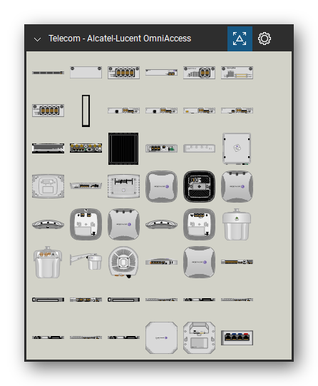 Telecom, Voice & Wireless tool set for Bluebeam Revu, Alcatel-Lucent OmniAccess set (tools 1-48 of 101) - 48 views of 31 devices, front, rear, side, top and bottom: OA740, Blank Cover, OA7-GE-8, OA7-SE, OA7-T1E1-4, OA7-USP-4, OA-USP-4, Generic 19in Rack, OA5510-AA, OA5510-AB and 21 more. Tool Chest in Symbol view.