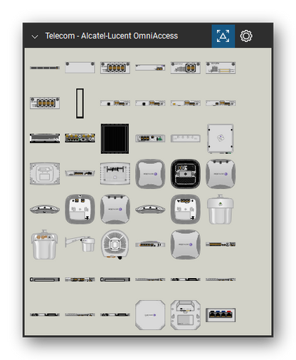 Telecom, Voice & Wireless tool set for Bluebeam Revu, Alcatel-Lucent OmniAccess set (tools 1-48 of 101) - 48 views of 31 devices, front, rear, side, top and bottom: OA740, Blank Cover, OA7-GE-8, OA7-SE, OA7-T1E1-4, OA7-USP-4, OA-USP-4, Generic 19in Rack, OA5510-AA, OA5510-AB and 21 more. Tool Chest in Symbol view.