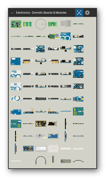 Automation & Electronics tool set for Bluebeam Revu, Domotic Boards & Modules set (tools 1-72 of 301) - 72 views of 24 devices, front, rear, side, top and bottom: mimiWireless12B/69/CW/W/HW, miniWireless12B/69CW, Wire Antenna, mimiWireless69W/HW, minaAnarduino Interconnect, UNO R2, ETHERNET SHIELD R3, ETHERNET R3, LEONARDO R3, ATMEGA2560 R3 and 14 more. Tool Chest in Symbol view.