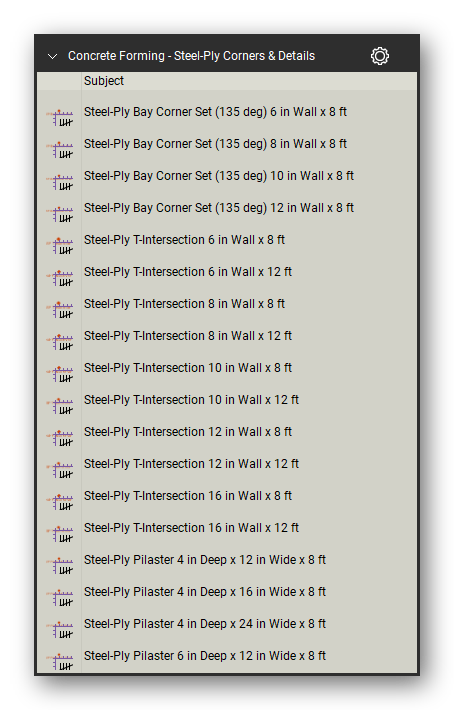 Steel ply corners and details in the Concrete Forming Takeoff & Estimating Bluebeam tool set (sheet 3 of 6)
