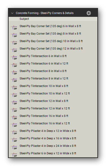 Steel ply corners and details in the Concrete Forming Takeoff & Estimating Bluebeam tool set (sheet 3 of 6)