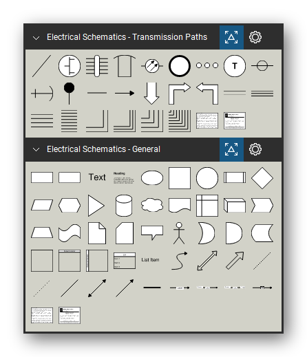 Electrical Schematics tool set for Bluebeam Revu, the Transmission Paths and General sets in the Tool Chest - 24 transmission path and bus symbols and 45 general diagram tools (text, shapes, connectors).