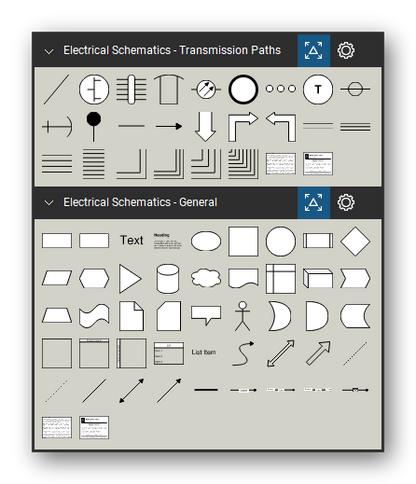 Electrical Schematics tool set for Bluebeam Revu, the Transmission Paths and General sets in the Tool Chest - 24 transmission path and bus symbols and 45 general diagram tools (text, shapes, connectors).