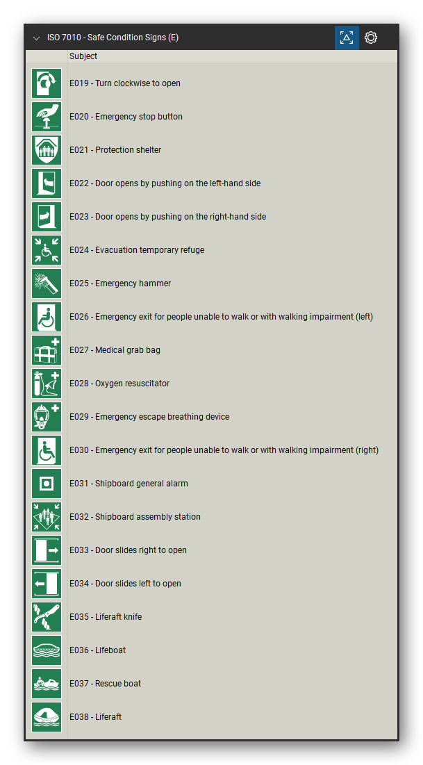 ISO 7010 Safety Signs tool set for Bluebeam Revu, Safe Condition Signs (E) set (part 2 of 4) - 77 green safe condition signs: emergency exit left and right hand, emergency exit with direction arrow, direction arrows, evacuation assembly point, first aid, emergency telephone, defibrillator, eyewash station, safety shower, stretcher, emergency exits for people unable to walk, refuges, doors that open by pushing and more. Tool Chest in Detail view, one row per sign with its number and full name.