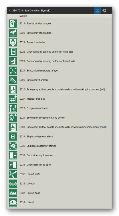 ISO 7010 Safety Signs tool set for Bluebeam Revu, Safe Condition Signs (E) set (part 2 of 4) - 77 green safe condition signs: emergency exit left and right hand, emergency exit with direction arrow, direction arrows, evacuation assembly point, first aid, emergency telephone, defibrillator, eyewash station, safety shower, stretcher, emergency exits for people unable to walk, refuges, doors that open by pushing and more. Tool Chest in Detail view, one row per sign with its number and full name.