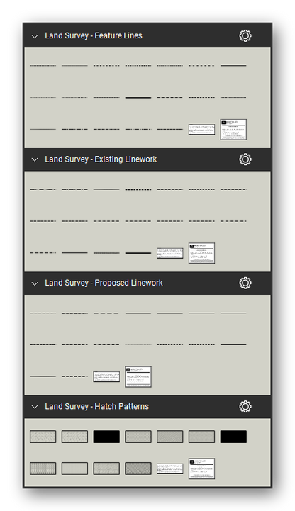 Land Survey tool set for Bluebeam Revu, the Feature Lines, Existing Linework, Proposed Linework and Hatch Patterns sets in the Tool Chest - 19 feature lines, 18 existing lines, 16 proposed lines and 11 hatch and fill areas. Tool Chest in Symbol view.
