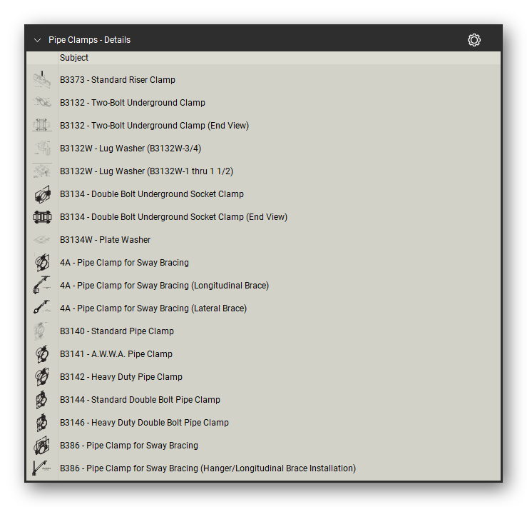 Clamps in the Pipe Hangers and Supports Takeoff & Estimating Bluebeam tool set (sheet 1 of 3)