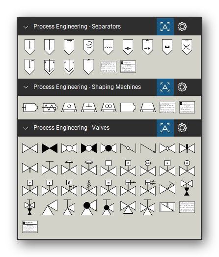 Process Engineering tool set for Bluebeam Revu, the Separators, Shaping Machines and Valves sets in the Tool Chest - 13 separators and scrubbers, 7 extruders, presses and shaping machines and 35 valves with actuators.