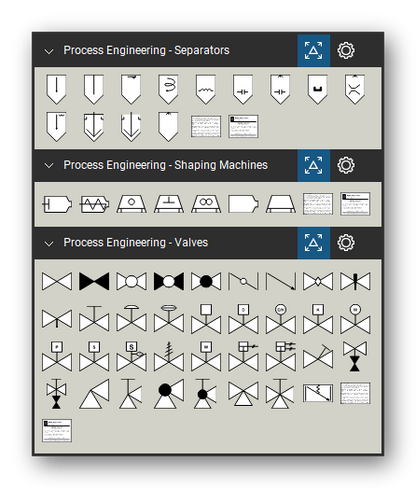 Process Engineering tool set for Bluebeam Revu, the Separators, Shaping Machines and Valves sets in the Tool Chest - 13 separators and scrubbers, 7 extruders, presses and shaping machines and 35 valves with actuators.