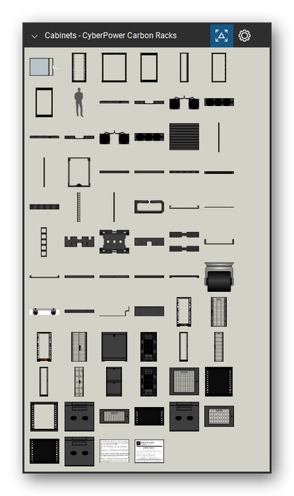 Racks, Cabinets & Cable Pathways tool set for Bluebeam Revu, CyberPower Carbon Racks set - 68 views of 42 devices, front, rear, side and top: Adj Area Rack Label, CR25U40001, CR45U40001, Person Outline, CRA11001, CRA11002, CRA11003, CRA12001, CRA12002, CRA12003 and 32 more. Tool Chest in Symbol view.