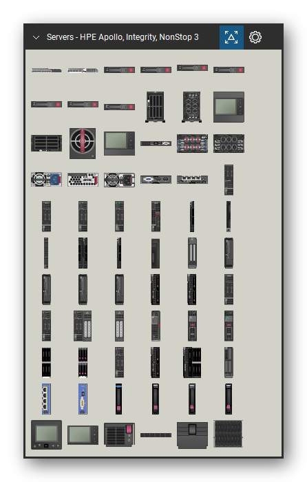 Servers tool set for Bluebeam Revu, HPE Apollo, Integrity, NonStop 3 set (tools 1-66 of 208) - 66 views of 65 devices, front and rear: VC 16Gb 24-Port FC Module, VC FlexFabric 20/40 F8 Module, SFF SAS 10K Hot Plug Smart Drive, SFF SAS 15K Hot Plug Smart Drive, SFF SAS 7.2K Hot Plug Smart Drive, SFF SATA 7.2K Hot Plug Smart Drive, SFF SAS MLC SSD Hot Plug, SFF SAS SLC SSD Hot Plug, SFF SATA MLC SSD Hot Plug, c3000 tower and 55 more. Tool Chest in Symbol view.