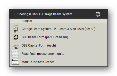 Garage beam system symbols in the Shoring & Elevated Decks Takeoff & Estimating Bluebeam tool set