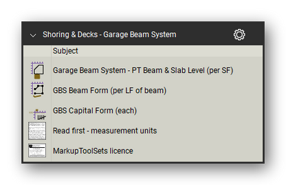 Garage beam system symbols in the Shoring & Elevated Decks Takeoff & Estimating Bluebeam tool set