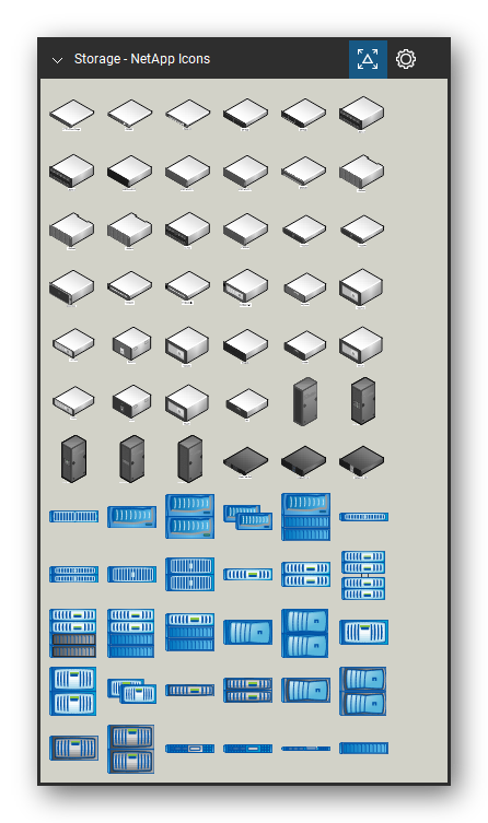 Storage & Backup tool set for Bluebeam Revu, NetApp Icons set (tools 1-72 of 212) - 72 tools: ATTO FibreBridge, CN1601, CN1610, DE1600, DE5600, DE6600, DE6900, DS14mk2 AT, DS14mk2 FC, DS14mk4 FC and 62 more. Tool Chest in Symbol view.