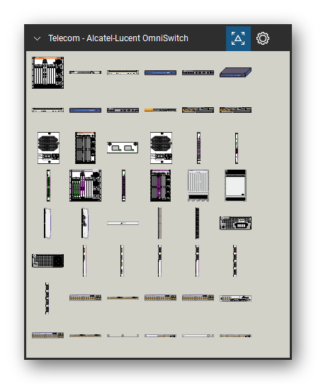 Telecom, Voice & Wireless tool set for Bluebeam Revu, Alcatel-Lucent OmniSwitch set (tools 1-48 of 207) - 48 views of 43 devices, front, rear and isometric: OS7700-RCB-A, Aruba 800, 4100, 1004, 1200, 1002, Alcatel VPN 7137, Alcatel VPN 7132, Alcatel VPN 7133, OS7000 Power Supply and 33 more. Tool Chest in Symbol view.