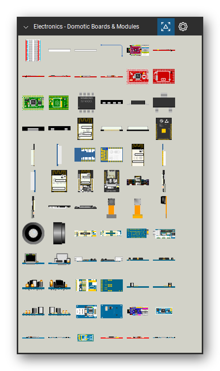 Automation & Electronics tool set for Bluebeam Revu, Domotic Boards & Modules set (tools 73-144 of 301) - 72 views of 37 devices, front, rear, side, top and bottom: Mini 10*30, Mini 10*30 Side Short, Mini 10*30 Side Long, Patch Wire Dynamic, MOTEINO R4 Interconnections, CANIQUE MK2, MOTEINO R4, CANIQUE MK2 Side 1, CANIQUE MK2 Side 2, CANIQUE MK3E and 27 more. Tool Chest in Symbol view.