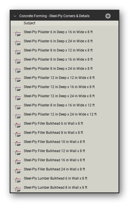 Steel ply corners and details in the Concrete Forming Takeoff & Estimating Bluebeam tool set (sheet 4 of 6)