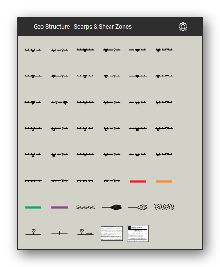 Geologic Structure & Mapping tool set for Bluebeam Revu: Scarps & Shear Zones set, tools 55-99 of 99 (2.12.55 to 2.15.3) - Scarp on thrust fault, Scarp on overturned thrust fault, Scarp on detachment fault, Scarp on master detachment fault, Scarp on listric fault at head of detachment fault, Fault showing displacement during historic time (includes areas of known fault creep), Fault showing displacement during Holocene time and 9 more. Tool Chest in Symbol view.