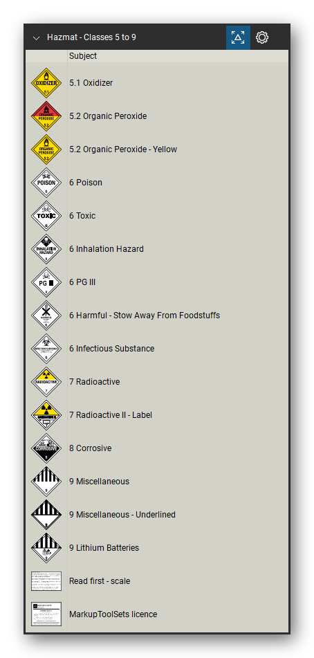 Hazmat Symbols tool set for Bluebeam Revu, Classes 5 to 9 set - 15 placards and labels of hazard classes 5 to 9: oxidizer, organic peroxide (current and yellow design), poison, toxic, inhalation hazard, PG III, harmful - stow away from foodstuffs, infectious substance, radioactive, radioactive II label, corrosive, class 9 miscellaneous (two designs) and class 9 lithium batteries. Tool Chest in Detail view, one row per symbol with its class and full name.