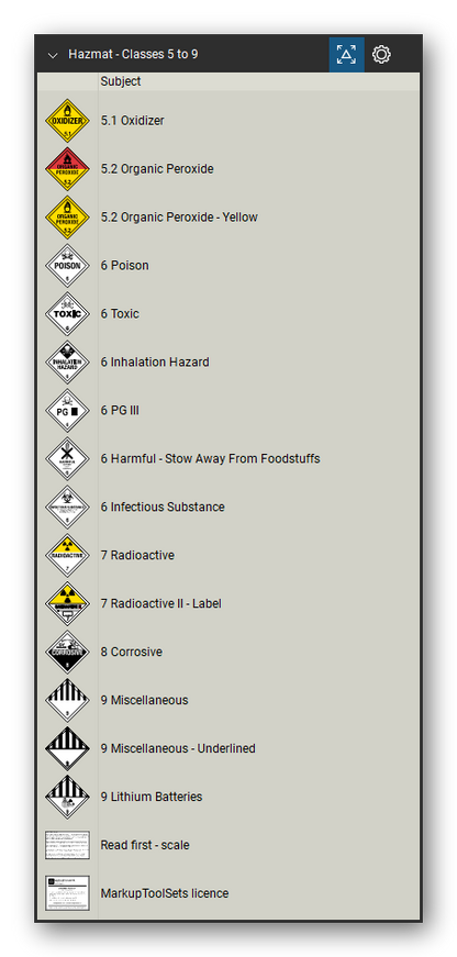Hazmat Symbols tool set for Bluebeam Revu, Classes 5 to 9 set - 15 placards and labels of hazard classes 5 to 9: oxidizer, organic peroxide (current and yellow design), poison, toxic, inhalation hazard, PG III, harmful - stow away from foodstuffs, infectious substance, radioactive, radioactive II label, corrosive, class 9 miscellaneous (two designs) and class 9 lithium batteries. Tool Chest in Detail view, one row per symbol with its class and full name.