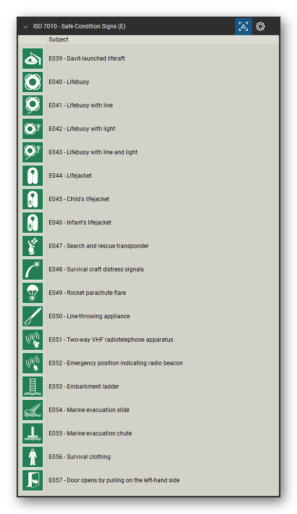 ISO 7010 Safety Signs tool set for Bluebeam Revu, Safe Condition Signs (E) set (part 3 of 4) - 77 green safe condition signs: emergency exit left and right hand, emergency exit with direction arrow, direction arrows, evacuation assembly point, first aid, emergency telephone, defibrillator, eyewash station, safety shower, stretcher, emergency exits for people unable to walk, refuges, doors that open by pushing and more. Tool Chest in Detail view, one row per sign with its number and full name.