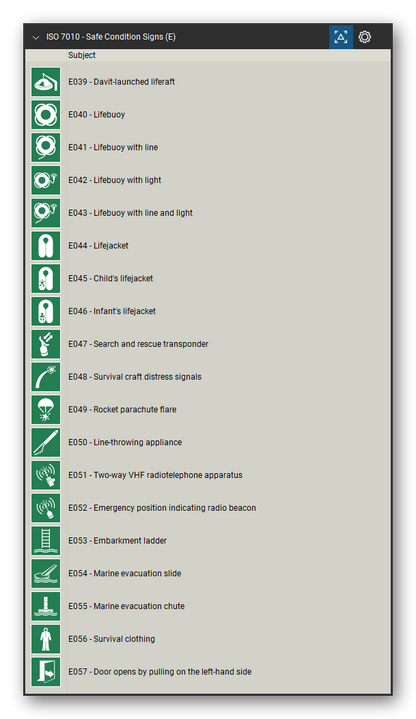 ISO 7010 Safety Signs tool set for Bluebeam Revu, Safe Condition Signs (E) set (part 3 of 4) - 77 green safe condition signs: emergency exit left and right hand, emergency exit with direction arrow, direction arrows, evacuation assembly point, first aid, emergency telephone, defibrillator, eyewash station, safety shower, stretcher, emergency exits for people unable to walk, refuges, doors that open by pushing and more. Tool Chest in Detail view, one row per sign with its number and full name.