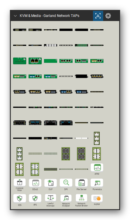 KVM, Console Servers & Media Converters tool set for Bluebeam Revu, Garland Network TAPs set (tools 1-72 of 103) - 72 views of 71 devices, side: INT1G10CSA, INT1G10CSA Two in Rack, Mounting Arm R, Mounting Arm L, INT1G8CCBP (RJ45), INT1G8MCBP (MMF), INT1G8SCBP (SMF), M1G2ACE (empty), M1G1ACE (empty), M1G2ACE (Full) and 61 more. Tool Chest in Symbol view.
