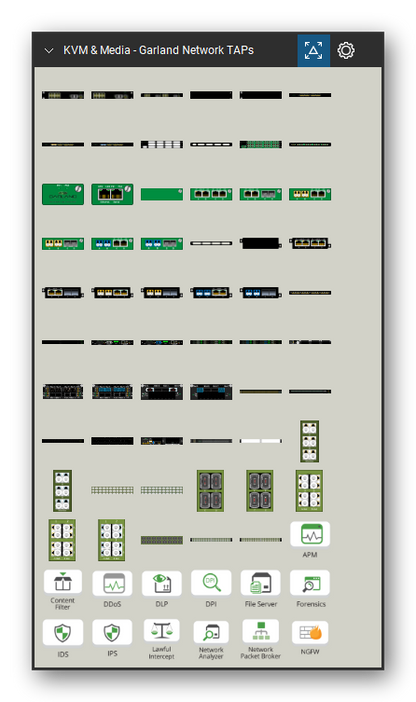 KVM, Console Servers & Media Converters tool set for Bluebeam Revu, Garland Network TAPs set (tools 1-72 of 103) - 72 views of 71 devices, side: INT1G10CSA, INT1G10CSA Two in Rack, Mounting Arm R, Mounting Arm L, INT1G8CCBP (RJ45), INT1G8MCBP (MMF), INT1G8SCBP (SMF), M1G2ACE (empty), M1G1ACE (empty), M1G2ACE (Full) and 61 more. Tool Chest in Symbol view.
