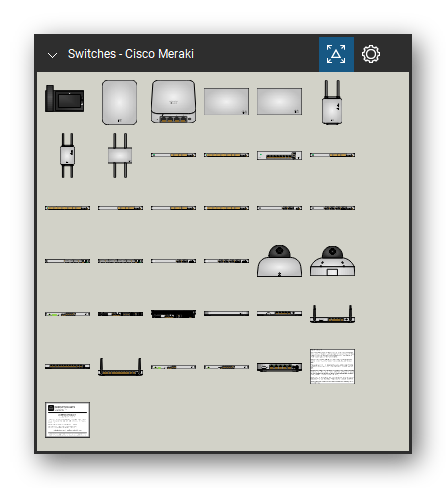 Network Switches & Routers tool set for Bluebeam Revu, Cisco Meraki set - 35 views of 34 devices, front and rear: MC74-HW, MR18_MR26-HW, MR30H-HW, MR32_MR34_MR42-HW, MR52_MR53-HW, MR62-HW, MR66-HW, MR72_MR74_MR84-HW, MS220_MS225-24_24P-HW, MS220_MS225-48_48FP_48LP-HW and 24 more. Tool Chest in Symbol view.