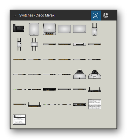 Network Switches & Routers tool set for Bluebeam Revu, Cisco Meraki set - 35 views of 34 devices, front and rear: MC74-HW, MR18_MR26-HW, MR30H-HW, MR32_MR34_MR42-HW, MR52_MR53-HW, MR62-HW, MR66-HW, MR72_MR74_MR84-HW, MS220_MS225-24_24P-HW, MS220_MS225-48_48FP_48LP-HW and 24 more. Tool Chest in Symbol view.