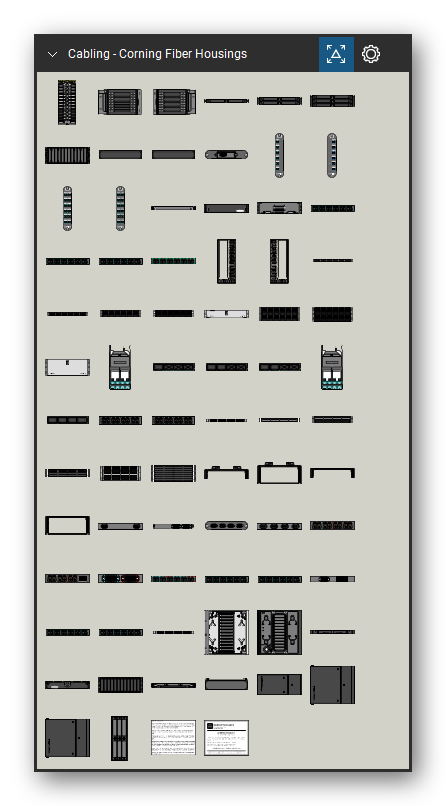 Patch Panels, Fiber & Outlets tool set for Bluebeam Revu, Corning Fiber Housings set - 74 views of 73 devices, front and top: CCF-BAY-7, CCF-CML-96EDGE, CCF-CMR-96EDGE, CCH-01U, CCH-02U, CCH-03U, CCH-04U, CCH-CS, CCH-CF, CCH-UM1-6CD6CE1232 (MFS) and 63 more. Tool Chest in Symbol view.