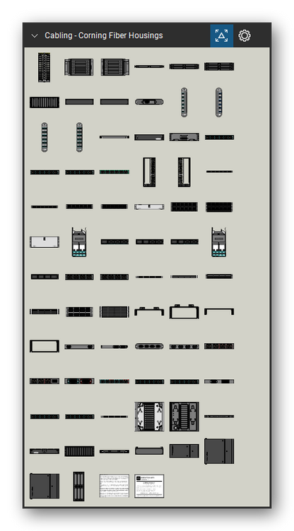 Patch Panels, Fiber & Outlets tool set for Bluebeam Revu, Corning Fiber Housings set - 74 views of 73 devices, front and top: CCF-BAY-7, CCF-CML-96EDGE, CCF-CMR-96EDGE, CCH-01U, CCH-02U, CCH-03U, CCH-04U, CCH-CS, CCH-CF, CCH-UM1-6CD6CE1232 (MFS) and 63 more. Tool Chest in Symbol view.