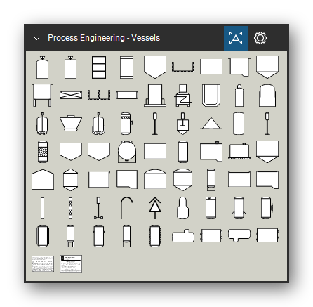 Process Engineering tool set for Bluebeam Revu, Vessels set - 63 vessel and tank symbols: tanks with conical, dished and floating roofs, vessels with dished ends, jackets, coils, legs and skirts, reactors, mixing vessels, towers, furnaces, gas holder, storage sphere, drums, barrels and bags.