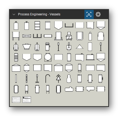 Process Engineering tool set for Bluebeam Revu, Vessels set - 63 vessel and tank symbols: tanks with conical, dished and floating roofs, vessels with dished ends, jackets, coils, legs and skirts, reactors, mixing vessels, towers, furnaces, gas holder, storage sphere, drums, barrels and bags.
