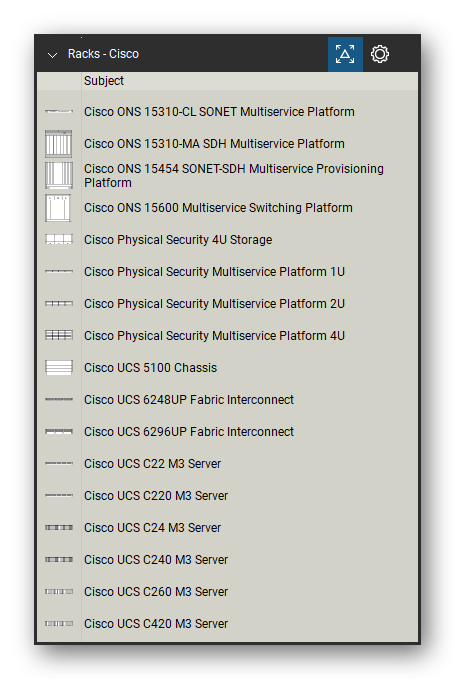 Racks tool set for Bluebeam Revu, Cisco set (part 5 of 6) - 101 Cisco devices: integrated services routers, 7600 and ASR routers, Catalyst and Nexus switches, ONS platforms, UCS servers and fabric interconnects, WAE and WAVE appliances and security appliances. Tool Chest in Detail view, one row per tool with its name.