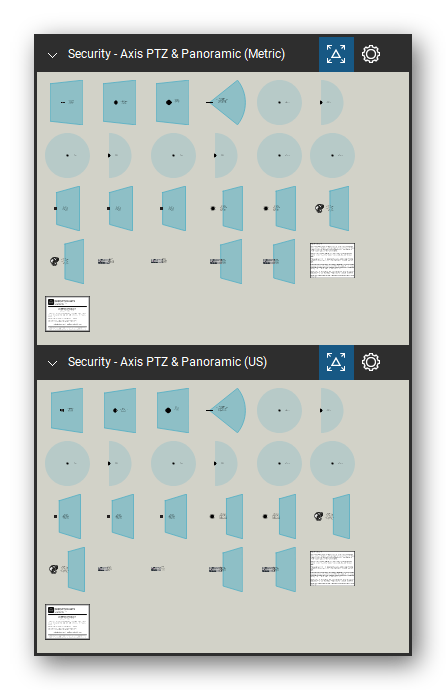Security & Surveillance tool set for Bluebeam Revu, the Axis PTZ & Panoramic (Metric) and Axis PTZ & Panoramic (US) sets in the Tool Chest - Axis PTZ & Panoramic (Metric) (23 tools) and Axis PTZ & Panoramic (US) (23 tools). Tool Chest in Symbol view.