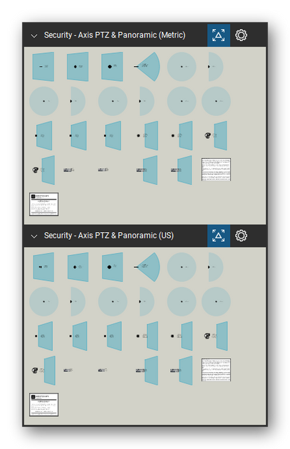 Security & Surveillance tool set for Bluebeam Revu, the Axis PTZ & Panoramic (Metric) and Axis PTZ & Panoramic (US) sets in the Tool Chest - Axis PTZ & Panoramic (Metric) (23 tools) and Axis PTZ & Panoramic (US) (23 tools). Tool Chest in Symbol view.