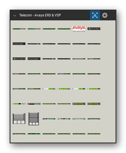 Telecom, Voice & Wireless tool set for Bluebeam Revu, Avaya ERS & VSP set (tools 1-48 of 112) - 48 views of 44 devices, front and rear: Ethernet Routing Switch 2526T, Ethernet Routing Switch 2526T-PWR, Ethernet Routing Switch 2550T, Ethernet Routing Switch 2550T-PWR, Avaya Data Solutions, ERS 3510GT, ERS 3526T, ERS 3524GT, ERS 3526T-PWR+, ERS 3524GT-PWR+ and 34 more. Tool Chest in Symbol view.