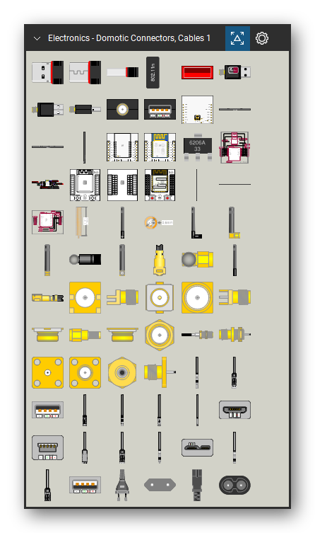 Automation & Electronics tool set for Bluebeam Revu, Domotic Connectors, Cables 1 set (tools 1-72 of 170) - 72 views of 35 devices, front, rear, side, top and bottom: WiFi Realtek Adapter, WiFi Ralink Adapter, ESP8266 Adapter Board, ESP8266 Adapter, ESP8266 Adapter Board Final, 6206A LDO, ESP8266 Adapter Logical, ESP-12 Logical Pins, ESP32_WROOM Adapter, ESP32 _WROOM Adapter Final and 25 more. Tool Chest in Symbol view.