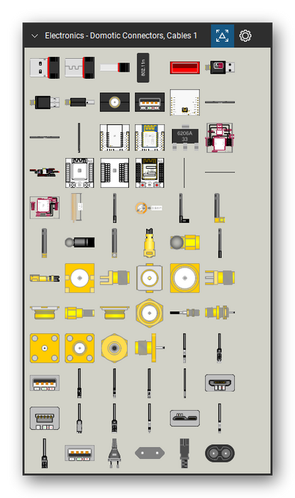 Automation & Electronics tool set for Bluebeam Revu, Domotic Connectors, Cables 1 set (tools 1-72 of 170) - 72 views of 35 devices, front, rear, side, top and bottom: WiFi Realtek Adapter, WiFi Ralink Adapter, ESP8266 Adapter Board, ESP8266 Adapter, ESP8266 Adapter Board Final, 6206A LDO, ESP8266 Adapter Logical, ESP-12 Logical Pins, ESP32_WROOM Adapter, ESP32 _WROOM Adapter Final and 25 more. Tool Chest in Symbol view.