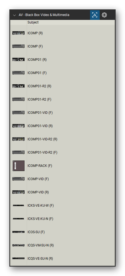 AV, Broadcast & Stage Lighting tool set for Bluebeam Revu, Black Box Video & Multimedia set (tools 1-18 of 139) - 18 views of 12 devices, front and rear: ICOMP, ICOMP01, ICOMP01-R2, ICOMP01-VID, ICOMP01-VID-R2, ICOMP-RACK, ICOMP-VID, ICKS-VE-KU-W, ICKS-VE-KU-N, ICOS-SU and 2 more. Tool Chest in Detail view, one row per tool with its name.