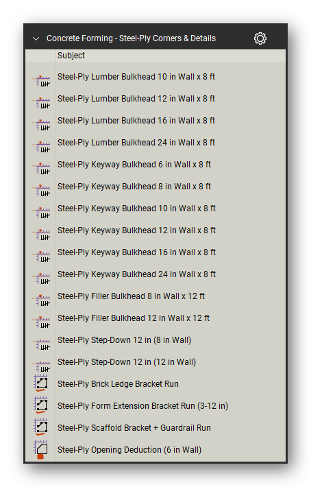 Steel ply corners and details in the Concrete Forming Takeoff & Estimating Bluebeam tool set (sheet 5 of 6)