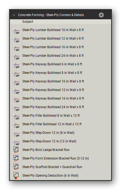 Steel ply corners and details in the Concrete Forming Takeoff & Estimating Bluebeam tool set (sheet 5 of 6)