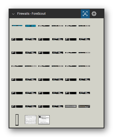 Firewalls & Security Appliances tool set for Bluebeam Revu, ForeScout set - 43 views of 23 devices, front and rear: Bezel 1RU, Bezel 2RU, CEM-05/A, CEM-10/A, CEM-100/A, CEM-150/A, CEM-200/A, CEM-25/A, CEM-50/A, CT100/A and 13 more. Tool Chest in Symbol view.
