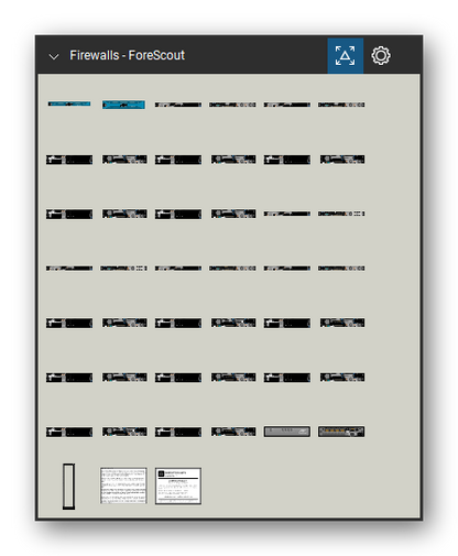 Firewalls & Security Appliances tool set for Bluebeam Revu, ForeScout set - 43 views of 23 devices, front and rear: Bezel 1RU, Bezel 2RU, CEM-05/A, CEM-10/A, CEM-100/A, CEM-150/A, CEM-200/A, CEM-25/A, CEM-50/A, CT100/A and 13 more. Tool Chest in Symbol view.