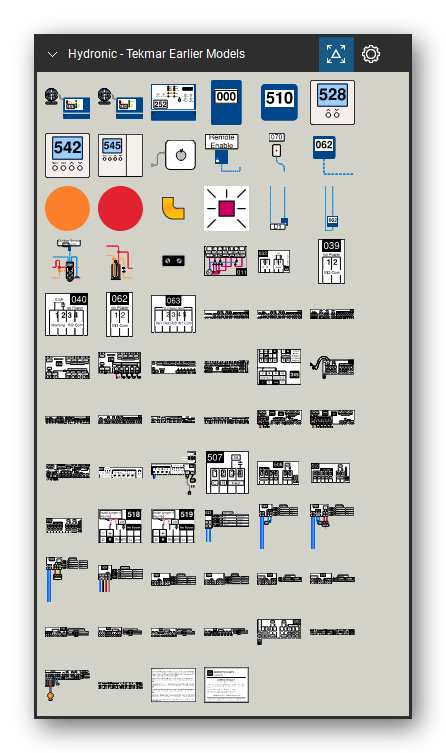 Hydronic Heating & Controls tool set for Bluebeam Revu, Tekmar Earlier Models set - 68 tools: 483 Gateway, 485 Gateway, 252 Enclosure, Enclosure C-1, Enclosure G, tNt 2-Button Tstat, tNt 4-Button (G) Tstat, tNt 4-Button (K) Tstat, Mac, Remote Enable and 58 more. Tool Chest in Symbol view.