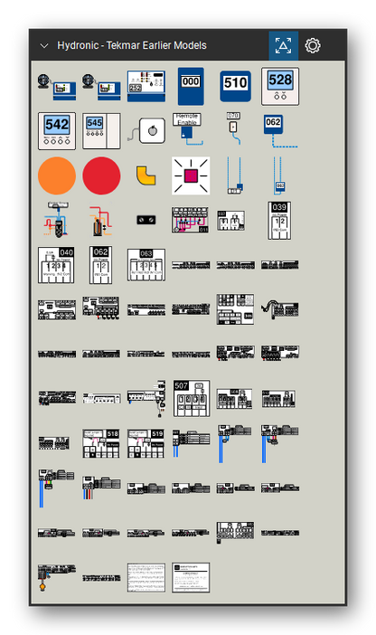 Hydronic Heating & Controls tool set for Bluebeam Revu, Tekmar Earlier Models set - 68 tools: 483 Gateway, 485 Gateway, 252 Enclosure, Enclosure C-1, Enclosure G, tNt 2-Button Tstat, tNt 4-Button (G) Tstat, tNt 4-Button (K) Tstat, Mac, Remote Enable and 58 more. Tool Chest in Symbol view.