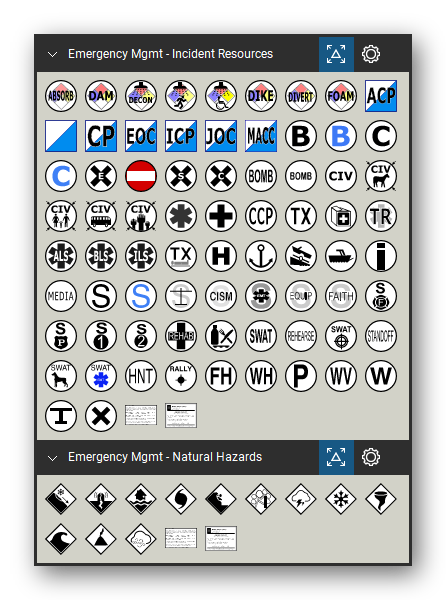 Incident & Emergency Management tool set for Bluebeam Revu, the Incident Resources and Natural Hazards sets in the Tool Chest - Incident Resources (74 tools) and Natural Hazards (12 tools).