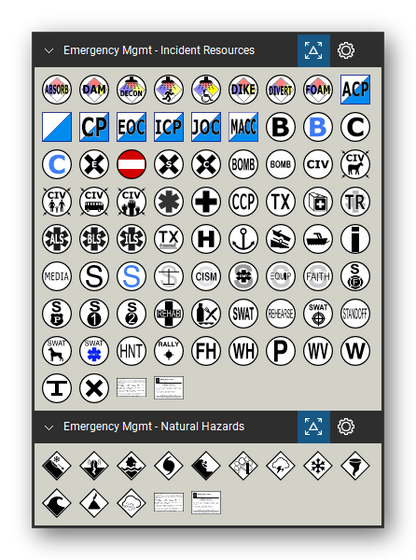 Incident & Emergency Management tool set for Bluebeam Revu, the Incident Resources and Natural Hazards sets in the Tool Chest - Incident Resources (74 tools) and Natural Hazards (12 tools).